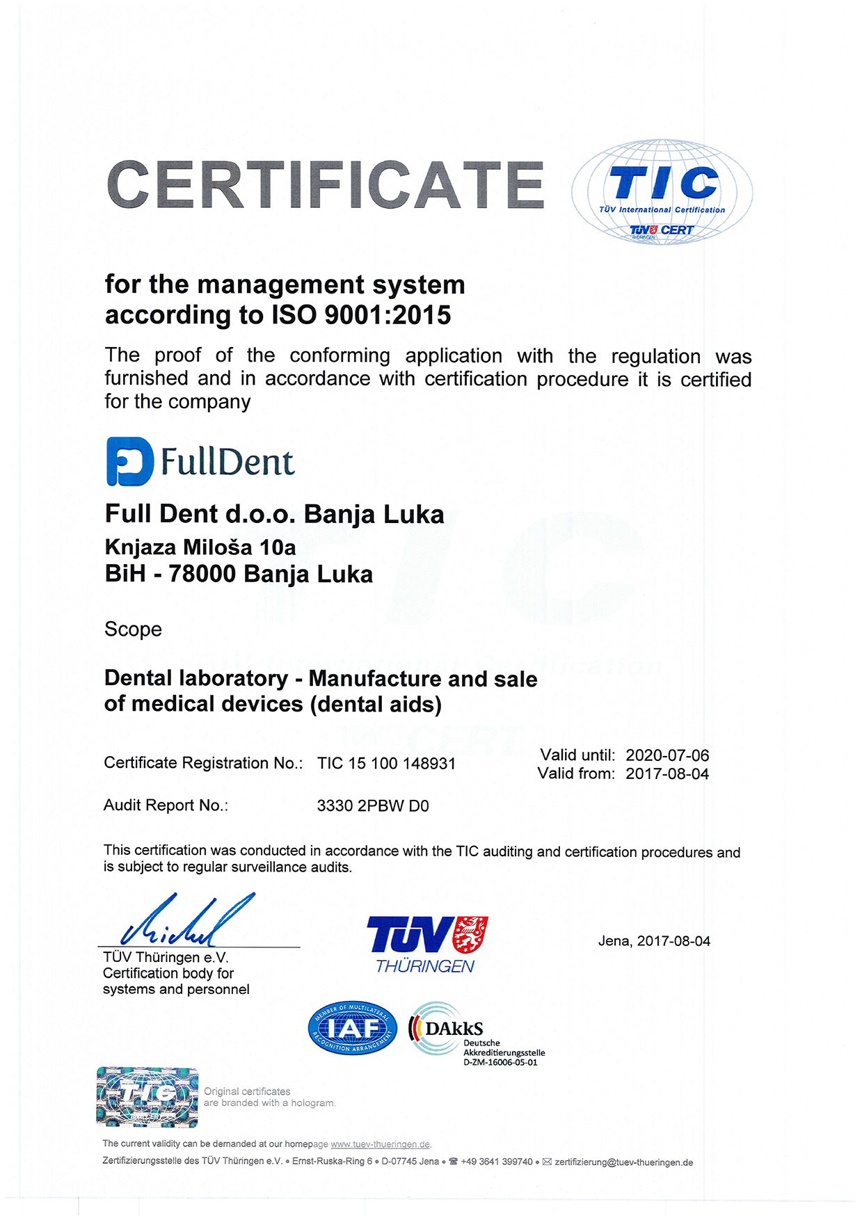 Quality Control Certificates Full Dent